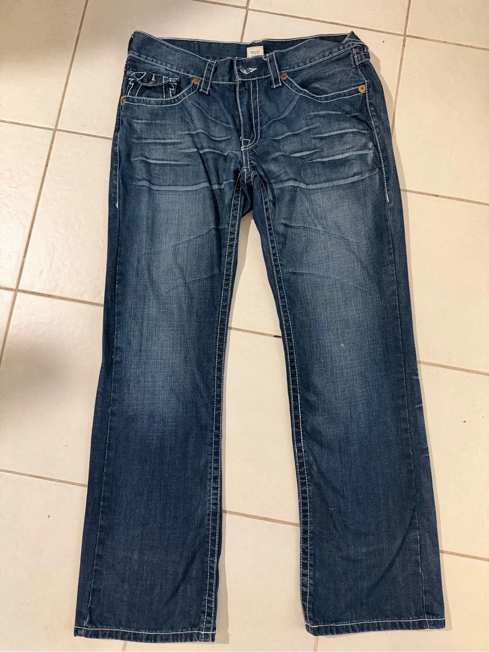 Y2K True Religion Men's Billy Dark Blue Jeans White Stitching